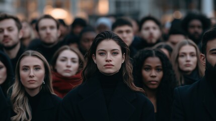Fototapeta premium Blasphemy Day: a diverse crowd of people from different backgrounds standing shoulder to shoulder facing forward, confident neutral expressions
