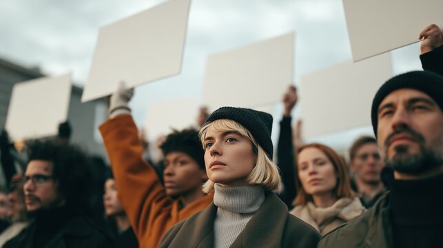 Blasphemy Day: a diverse group of people standing together outdoors holding blank white signs raised above their heads, overcast sky, urban square background slightly blurred