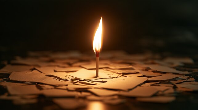 Blasphemy Day: a single match being struck in darkness, small flame illuminating a surrounding circle of blank paper scraps, symbolic concept of a spark of an idea