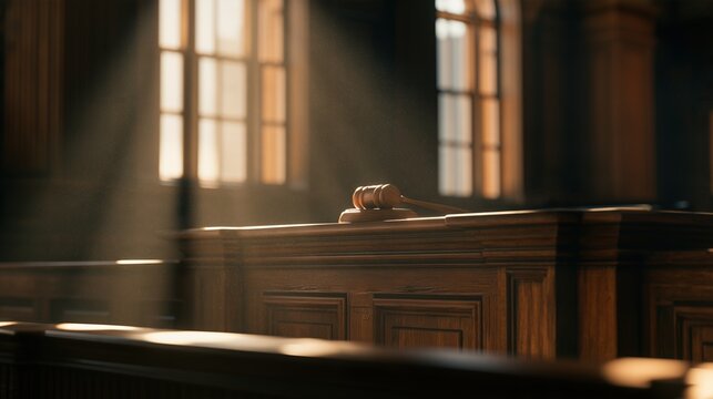 Blasphemy Day: an empty wooden courtroom bench with a gavel resting on top, soft light streaming through tall windows, dust motes visible in the air