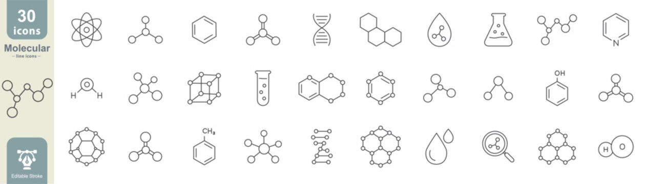 Molecular line icons including atoms, DNA, chemical rings, lab glassware, droplets, and editable strokes