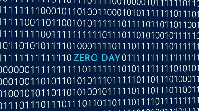 Zero day text or word with digital binary animation background, designed for an illustrative digital world technology concept representing undisclosed software vulnerabilities
