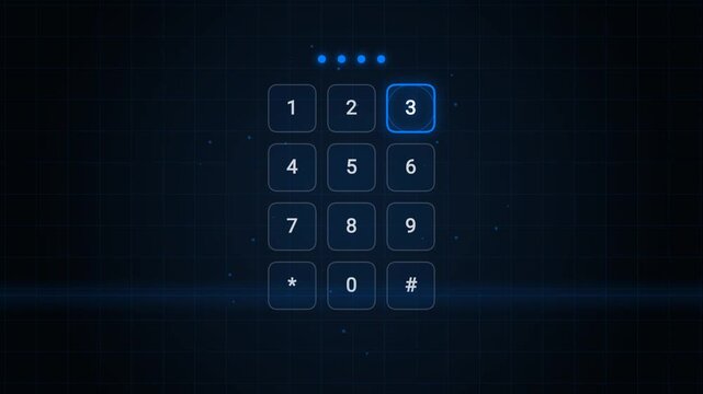 Digital keypad animation showing secure numerical password entry with glowing blue interface motion graphics for modern smartphone authentication video clip