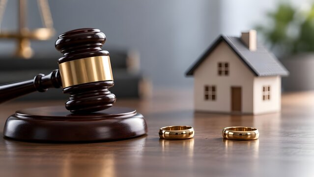 Judge gavel with gold wedding rings and miniature house model on wooden desk illustrating family law divorce settlement and property division
