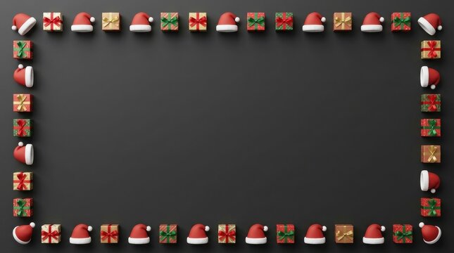 A festive dark gray chalkboard is framed by a delightful border of miniature santa hats