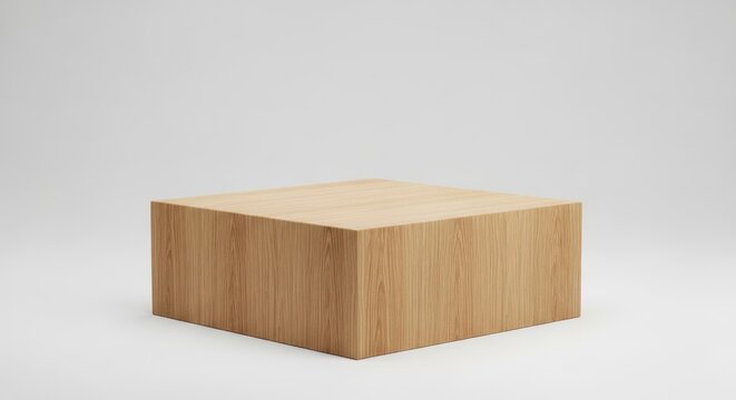 Minimalist Wooden Cube Pedestal on White Background.