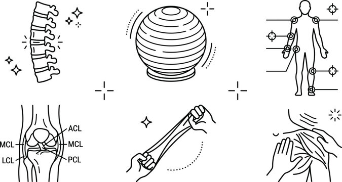 Physical therapy and chiropractic rehabilitation line icons set with spine fitness ball joint anatomy and massage therapy