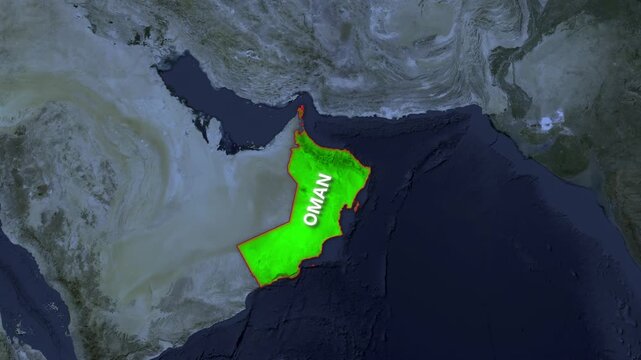 Animated map of Oman zooming in with satellite geography and country label.