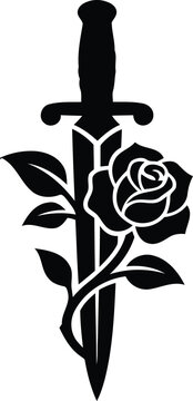 Vintage dagger and rose vector illustration, black and white floral knife tattoo design, gothic sword with blooming flower art