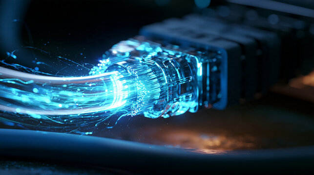High speed fiber optic ethernet cable with glowing blue digital light connection data server