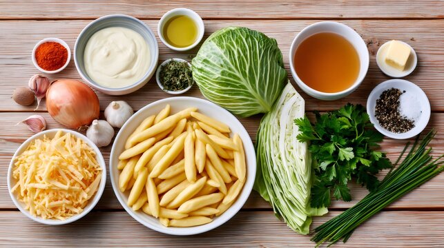 Ingredients for making haluski with cabbage and noodles