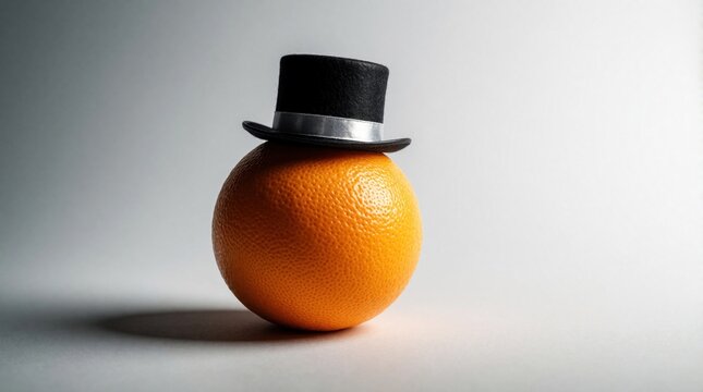 Single orange wearing tiny black top hat with silver ribbon. Funny citrus fruit with formal headwear sits on plain grey background. Creative macro shot of ripe juicy fruit in whimsical style for food
