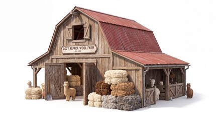 Fototapeta premium Rustic Wooden Barn Farm Building with Stacked Wool Bales and Alpacas for Agricultural Imagery