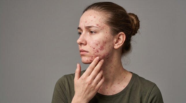 Young woman touching face with severe acne breakouts and inflamed pimples skin condition