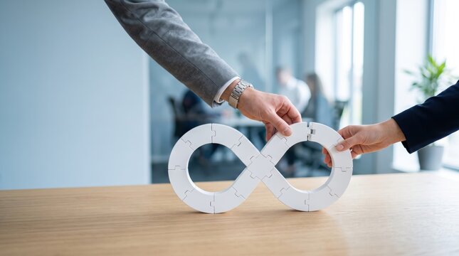 Two business people assembling white infinity symbol puzzle pieces on wooden table in office, representing endless partnership, continuous improvement and long term collaboration.
