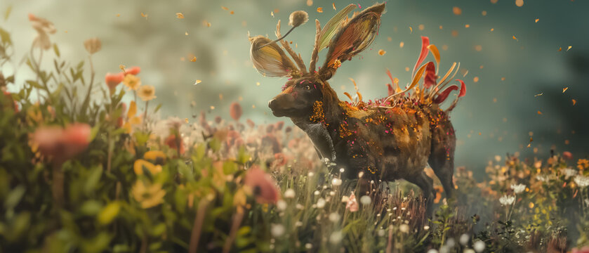 Surreal magical creature with floral antlers in a blooming spring meadow