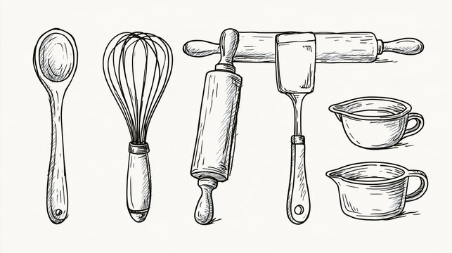 Hand drawn kitchen utensils set with wooden spoon whisk rolling pin spatula and measuring cups
