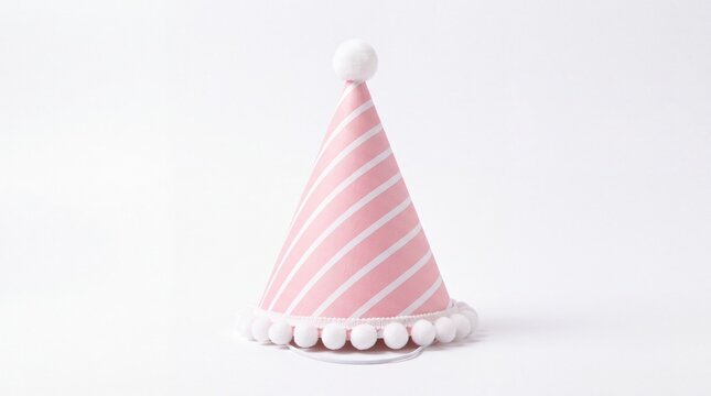 Pink party hat with white stripes and pompom decoration