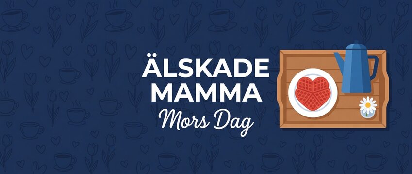 Swedish Mothers Day banner, Alskade Mamma Mors Dag vector illustration with breakfast tray, heart waffle and coffee pot on dark blue pattern background, horizontal web header design.