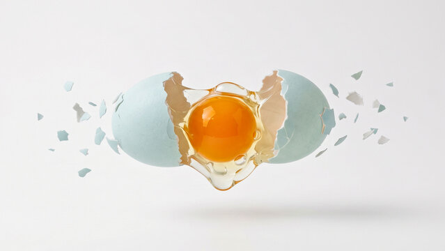 Minimal broken egg composition with warm orange yolk and eggshell pieces.
