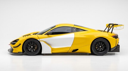 Fototapeta premium Modern Yellow and White High-Performance Sports Supercar Profile View Isolated on White Background Stock Photography