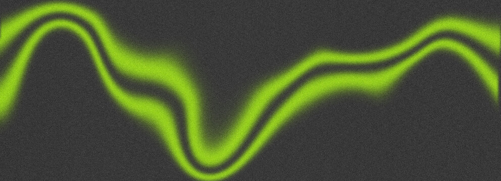 Bright green glowing curved wave on dark grainy noise background with soft blur, flowing motion and vivid luminous texture. Concept of energy, technology, motion and modern digital design