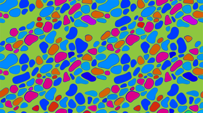 Vibrant pebble pattern vector, colorful organic stone shapes on green background, seamless abstract mosaic texture for textile design
