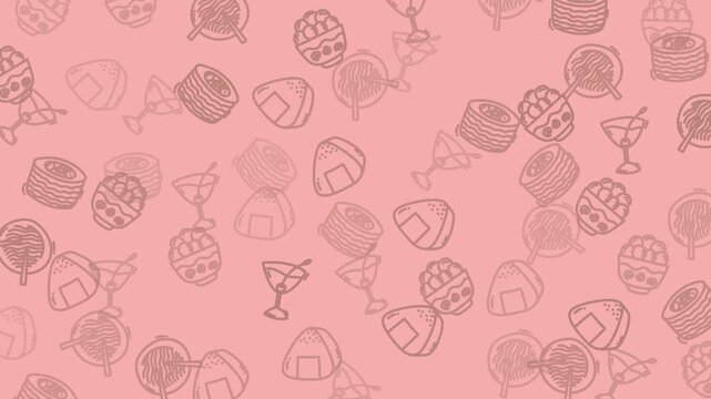 Pink background with repeated outlines of sushi rolls, martinis, rice balls, and food icons. Perfect for food and restaurant designs.