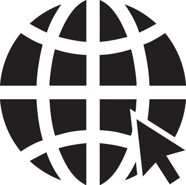 Minimalist black and white globe icon with computer mouse cursor arrow symbol representing global internet connectivity and digital navigation, isolated on a white background.