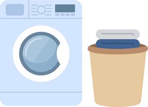 Washing Machine and Laundry Basket with Folded Clothes Flat Vector Illustration