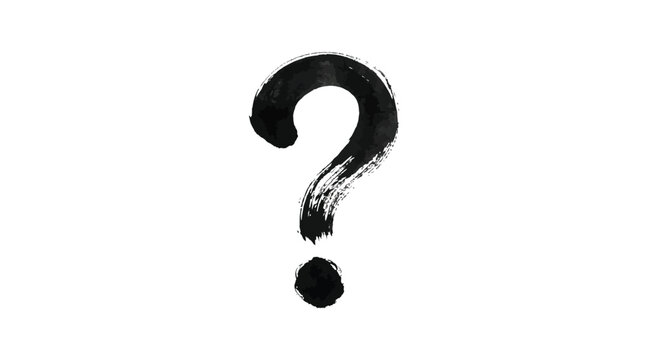 Hand painted black ink question mark symbol isolated on a textured white paper background featuring artistic brush stroke dry edges