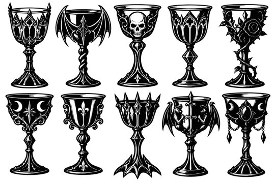 Gothic Chalice and Goblet Silhouette Vector Collection on Transparent Background