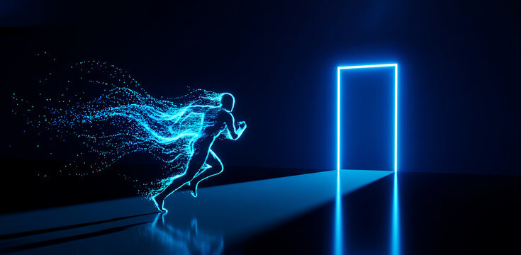 Digital human silhouette running towards a glowing blue neon portal door