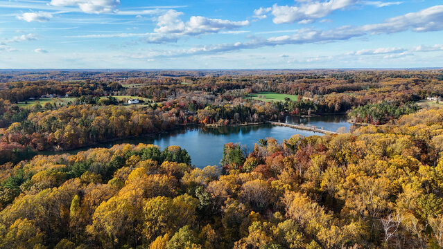 Aerial View of Hoopes Reservoir and Autumn Foliage in Wilmington, Delaware