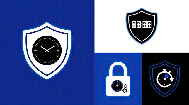 Cybersecurity shield and time lock protection icons.