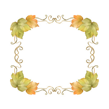 Hand-drawn illustration of an autumn leaf square frame