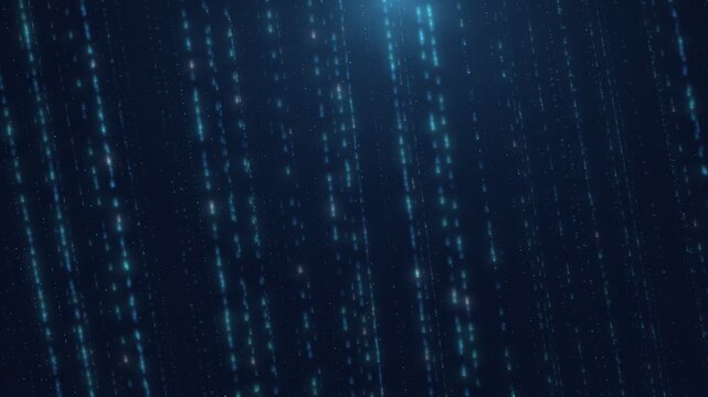 Blue and green particle rain falling in vertical streaks on a dark navy background, for data stream and matrix themes