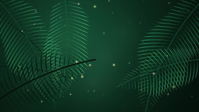 Green digital palm leaves swaying with glowing particles