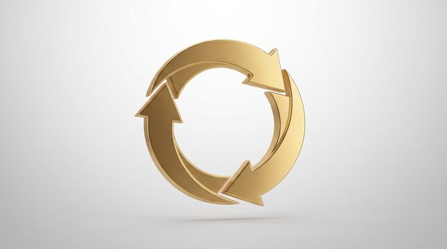 Golden circular arrows icon isolated on white background, recycling symbol, refresh loop, continuous cycle, sustainability concept, eco friendly design, business process flow