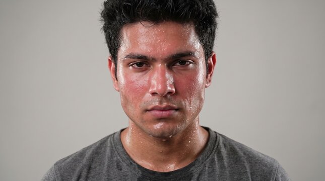 Sweaty young man with flushed face resting after intense workout