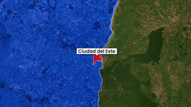 Aerial city view animation showing Paraguay and the Ciudad del Este location