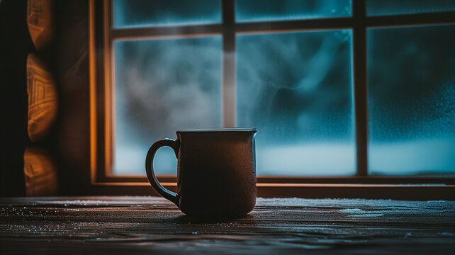 Hot drink in a mug on a wooden table by frosty window in winter cabin  
