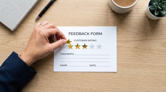 Customer filling out a feedback form with star rating on a wooden desk, evaluating service quality and satisfaction, business review concept, close up view of hand