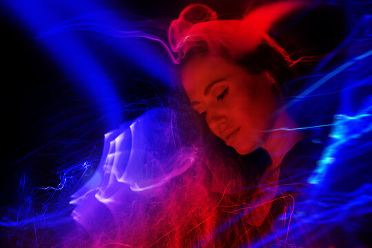 Woman avatar in cyberspace with virtual reality technology