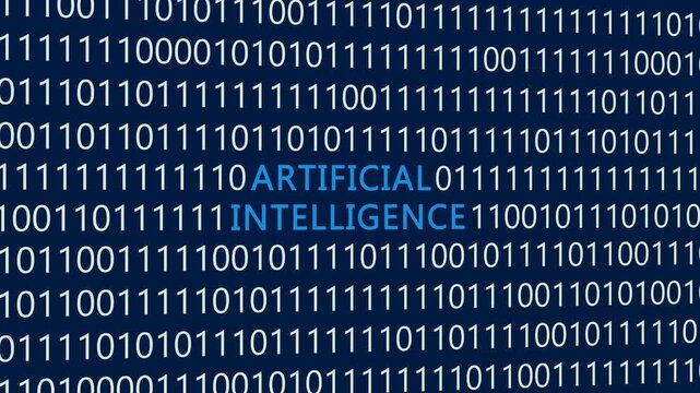 Artificial intelligence text or word with digital binary animation background, designed for an illustrative digital world technology concept representing machine learning, cognitive computing