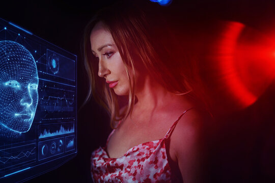 Woman interact with hologram avatar in virtual reality