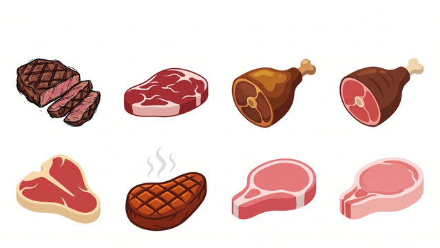 Vector clip art collection of raw beef steaks pork chops and grilled meat cuts on white