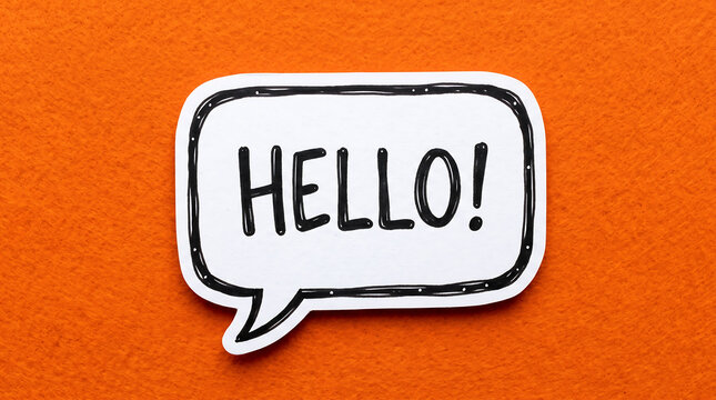 Hello speech bubble cutout on vibrant textured orange felt background