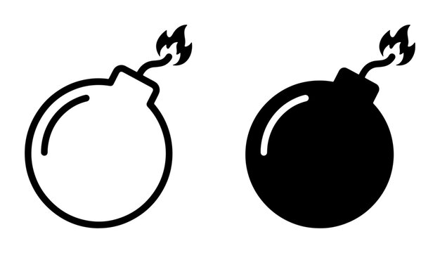 Explosive Bomb Icons, Round Danger Symbols, Fire Fuse Weapon Graphics, Black and White Danger Symbols, Vector Illustration