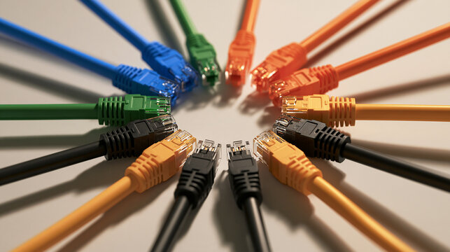 Colorful Ethernet network cables arranged in circle on white background
